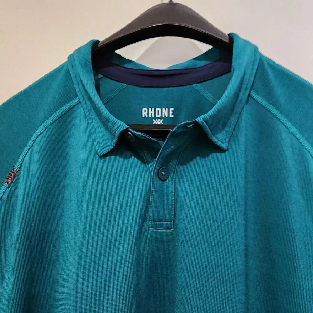Rhone Mens Delta Pique Long Sleeve Polo Shirt Teal Green Deep XXL Goldfusion - Picture 7 of 13